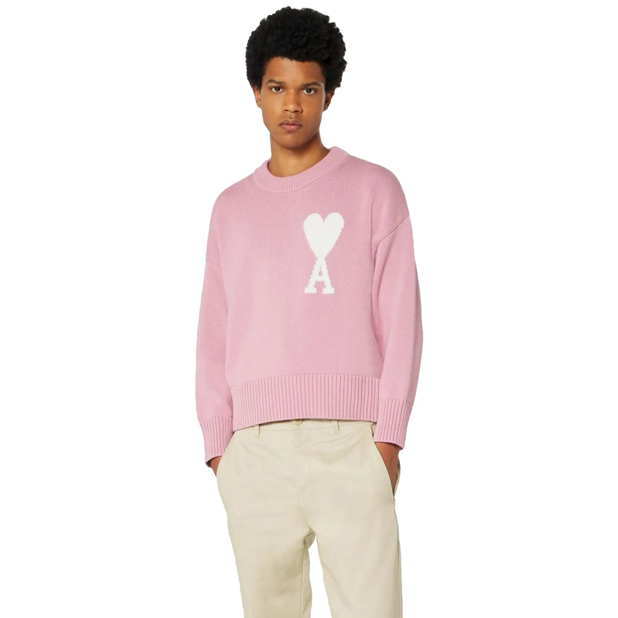 Model Front view of Ami Paris White Ami De Coeur Logo Intarsia Pink Sweatshirt E22UKS003016659